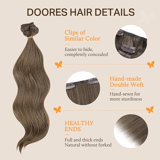 DOORES Clip in Hair Extensions Real Human Hair, Dirty Light Ash Brown 120g 7pcs 20 Inch, Silky Clip in Extensions Remy Straight Thick Weft