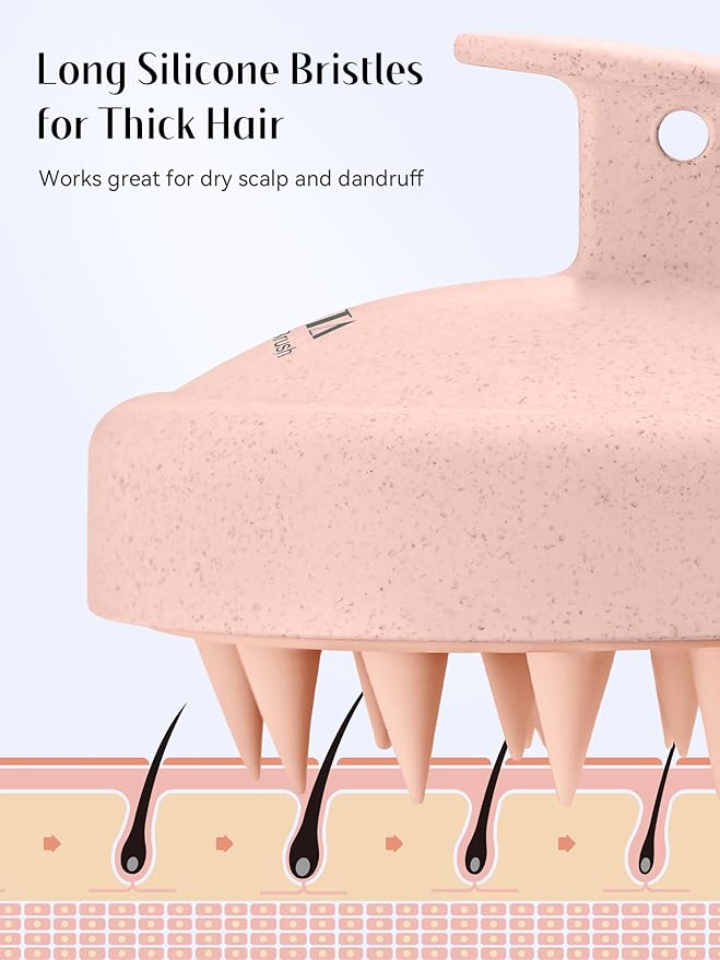 HEETA Scalp Massager Hair Growth, Silicone Scalp Scrubber Shampoo Brush for Exfoliation, Dandruff Removal & Head Massage Stress Relax, Wet & Dry Use for Thick, Thin Hair Care, Wheat Straw Light Pink
