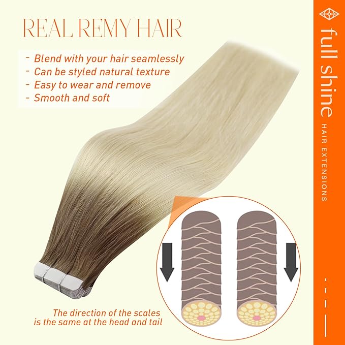 Full Shine Tape in Hair Extensions Color 8 Ash Brown Fading To 60 Blonde Invisible Tape In Hair Extensions Human Hair 14 Inch Brazilian Hair Tape In Extensions 20 Pcs 50G Soft Remy for Party