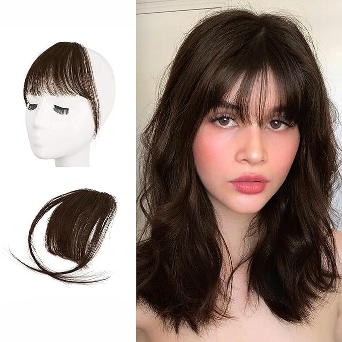 BARSDAR Real Human Hair Clip in Bangs - 100% Human Hair Clip in Bangs for Women - Brown Wispy Bangs Extensions Fringe with Temples Dyeable Real Hair Bangs Hairpieces - Dark Auburn Brown