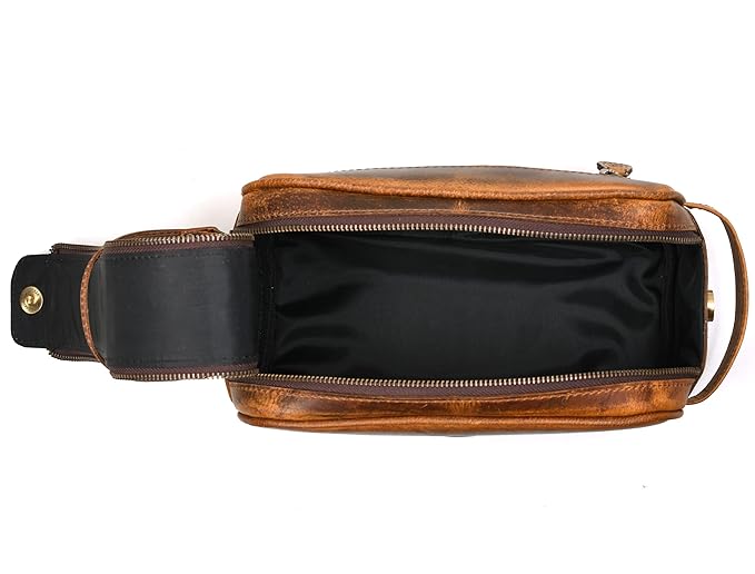 10" Premium Leather Toiletry Travel Pouch With Waterproof Lining Black Color | King-Size Handcrafted Vintage Shaving Kit By Aaron Leather Goods