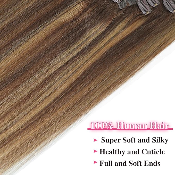 #4/27/4 Yaki Straight Clip in Hair Extensions Real Human Hair Omber Clip ins For Women Yaki Straight Clip on Hair(20inch,#4/27/4)