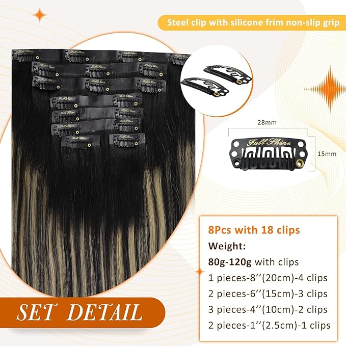 Full Shine Black Roots Hair Extensions Clip in Human Hair Ombre Black Mix Honey Blonde Seamless Hair Extension 22 Inch Clip in Invisible Hair Extension Add Volume for Long Natural Hair 120 G 8 Pcs