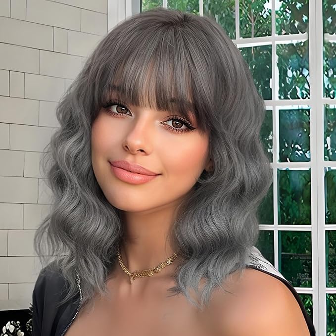 Nnzes Wig Bangs Dark Salt and Pepper Short Wavy Hair for Women Natural Looking Heat Resistant Bob Wigs with Synthetic Wig for Daily Party Use