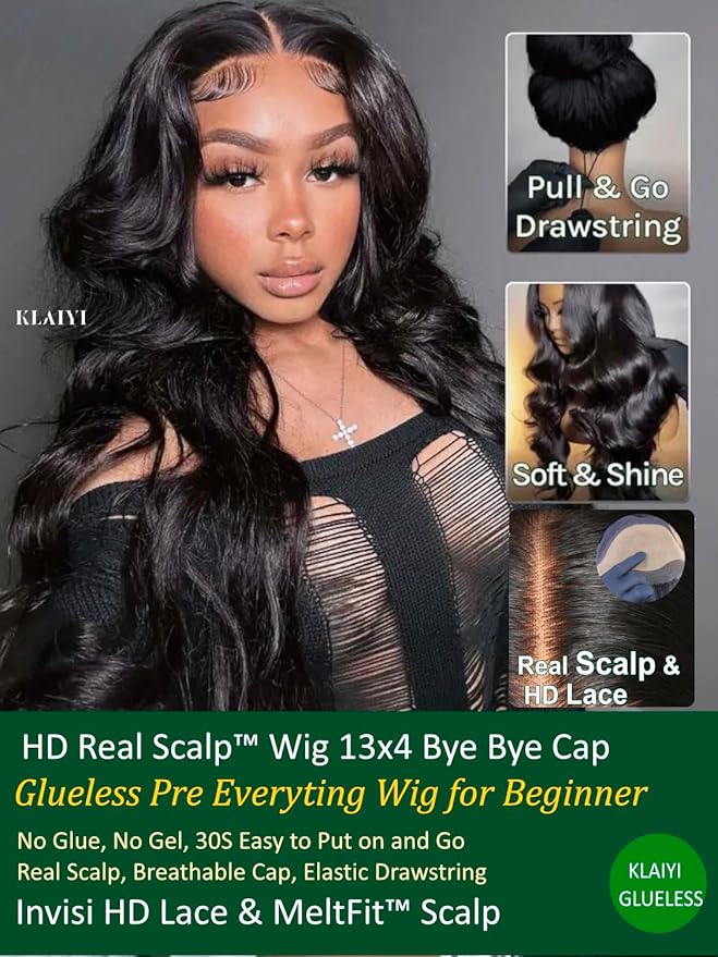 KLAIYI HD Real Scalp Wig 13x4 Lace Frontal Human Hair Wig Loose Body Wave with Face Framing Curtain Bangs Pre Everything Glueless 3S Wear and Go Precut Lace Pre Plucked Pre Bleached 180%Density 26Inch