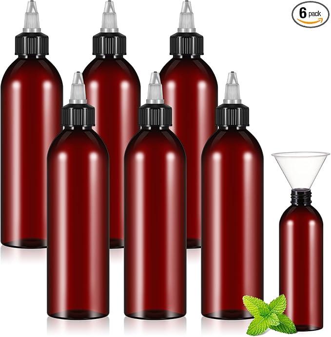 Barydat 6 Pcs 8 oz Squeeze Bottle Twist Top Applicator Bottles Empty Hair Oil Bottle with Funnels Refillable Amber Plastic Bottles for Liquid Hair Oil Shampoo Lotion