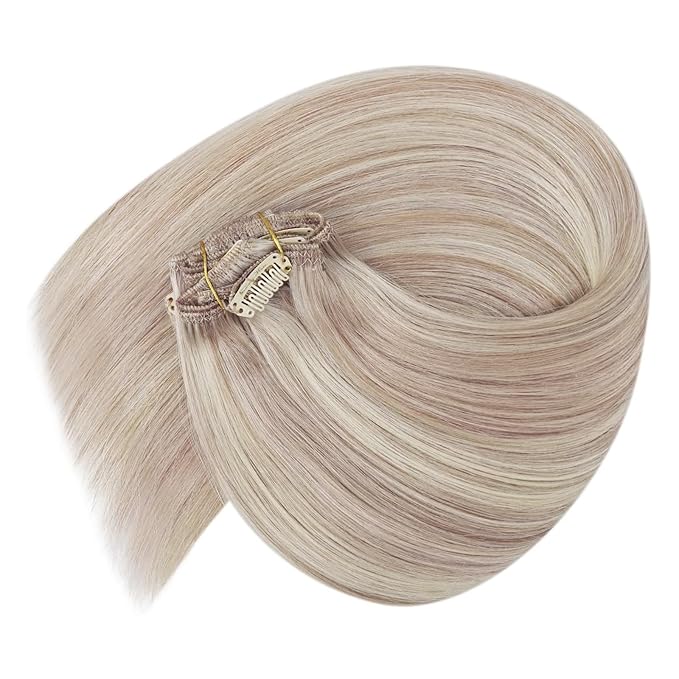 Ve Sunny 18inch Clip in Hair Extensions Real Human Hair Ash Blonde Highlight Bleach Blonde Clip in Human Hair Extensions for Women Soft Thick Straight 120g 7pcs