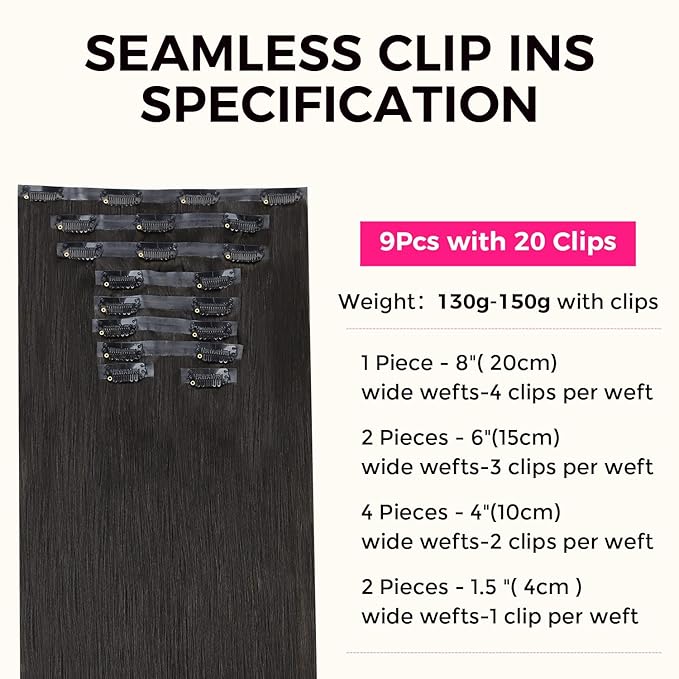Lashey Seamless Clip in Hair Extensions Human Hair 9pcs 130g Light Yaki Straight Clip in Hair Extensions 14 Inch Natural Black Hair Extension with Invisi Edge
