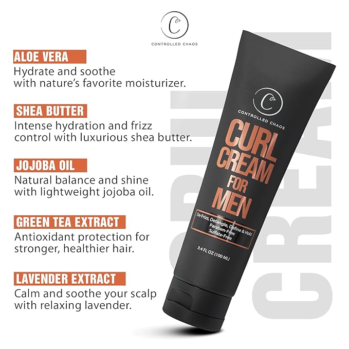 Controlled Chaos Curl Cream for Men - Hair Styling Cream For Wavy and Curly Hair With Shea Butter, Jojoba Oil, Coconut Oil, Add Smoothness, Anti-frizz, Sulfate-Free Curl Cream (3.4oz)