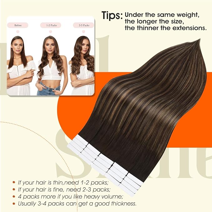 Full Shine Invisible Tape In Human Hair Remy Tape on Hair Extensions 22 Inch Balayage Color 2 Darkest Brown Fading to 8 Ash Brown and 2 Seamless Pu Tape Hair 50 Gram Skin Weft Hair Extensions 20Pcs
