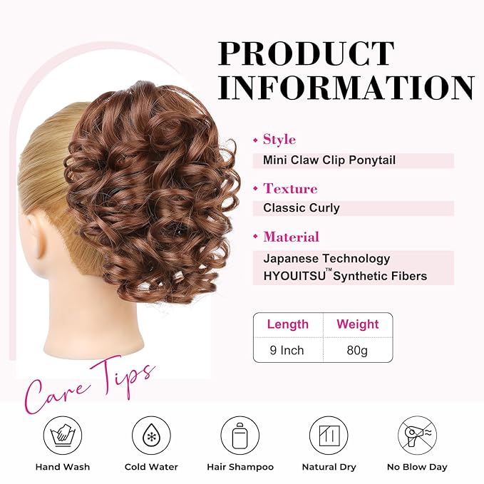REECHO Ponytail Extension, 9" Claw Clip in Short Curly Wavy Pony Hair Extension Jaw Clip on Pony Tail HP001 Hairpiece for Women - Dark Copper