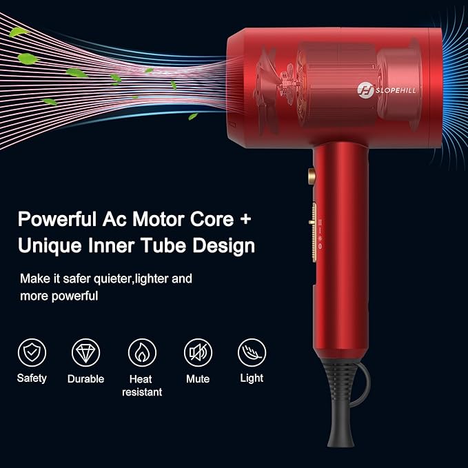 Slopehill Professional Ionic Hair Dryer, Powerful 1800W Fast Drying Low Noise Blow Dryer with 2 Concentrator Nozzle 1 Diffuser Attachments for Home Salon Travel (Agate Red)