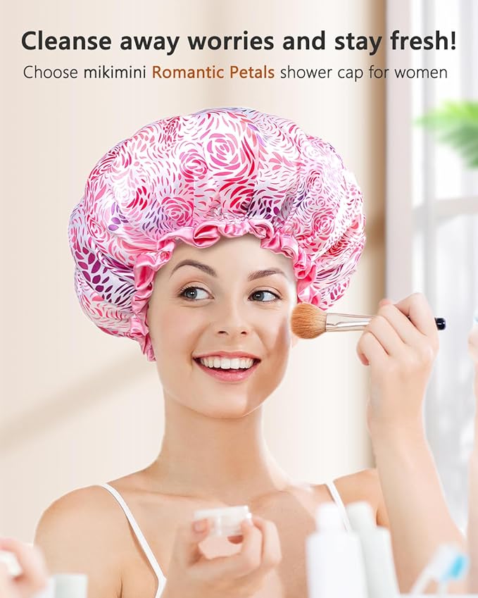 mikimini Medium Shower Cap for Women 2 Pack, Double Layer Waterproof, Reusable, Washable, Romantic Petal Design, Floral Print