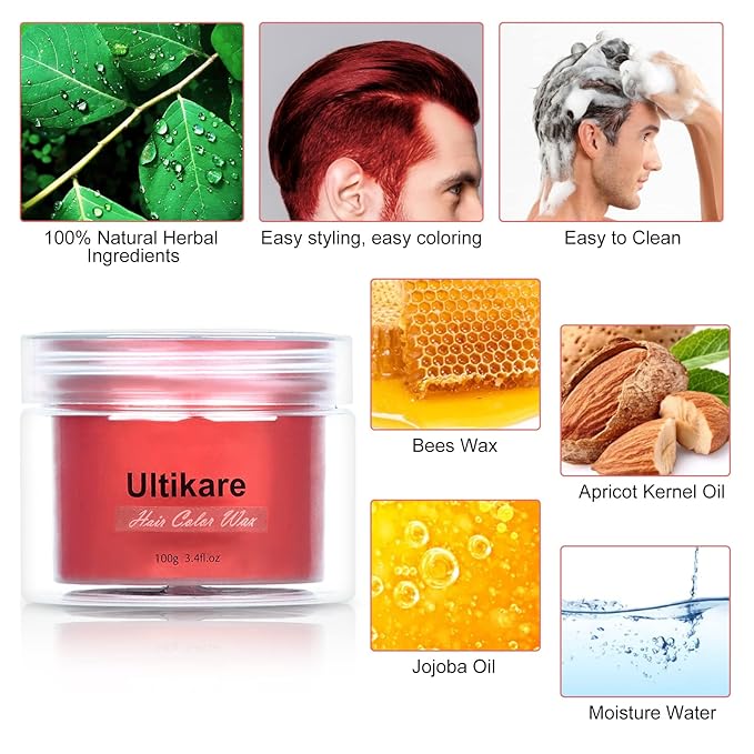 Temporary Hair Color for Kids, Ultikare Red Hair Dye Washable Natural Hair Wax Color Chalk Mud Cream DIY Hairstyle Clay For Dark Hair Halloween, Cosplay, Party, Christmas Gift Girls 3.4 Fl Oz