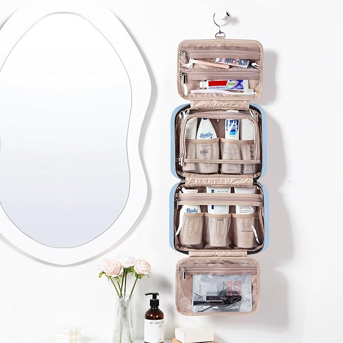 NISHEL Travel Toiletry Bag for women, Portable Hanging Organizer for Full-Sized Shampoo, Conditioner, Brushes Set, Makeup Accessories, Large Size, Placid-Blue