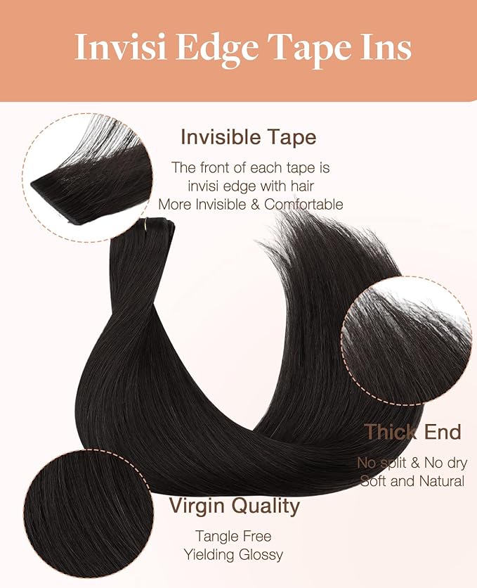 GOO GOO Invisi Edge Tape in Hair Extensions Human Hair, 1B Natural black 20pcs injected with 20pcs classical tape ins, 18inch 100g, Virgin Remy Hair, Natural Look