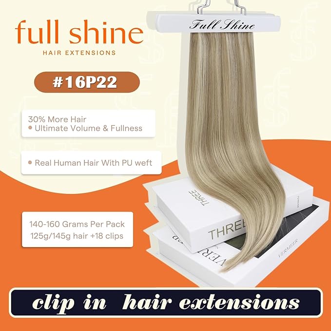 Full Shine Clip in Hair Extensions 16 inch 140g 8Pcs Dark Ash Blonde Mix with Light Blonde Seamless Hair Extensions Clip in Remy Hair Clip ins