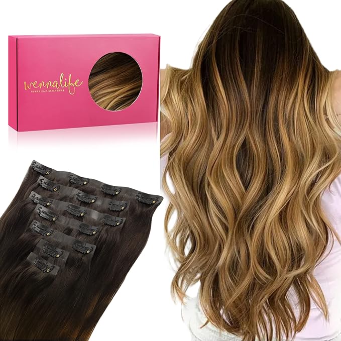 WENNALIFE Seamless Clip In Hair Extensions, 18 Inch 130g 7pcs Dark Brown to Chestnut Brown and Dirty Blonde Hair Extensions Clip in Human Hair Invisible PU Skin Weft Remy Human Hair Extension