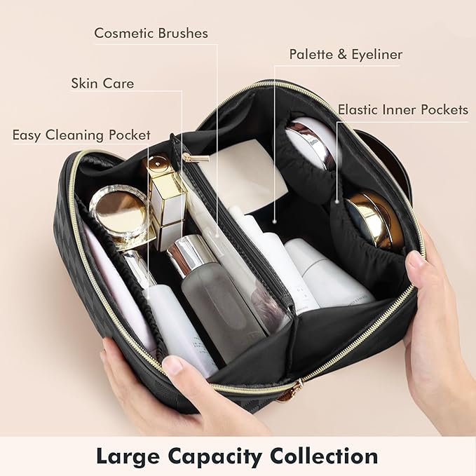 Prite Makeup Bag for Women Travel Waterproof Vegan Leather Cosmetic Bag Open Flat Toiletry Bag With Clear Divider and Handle (Plaid Black)