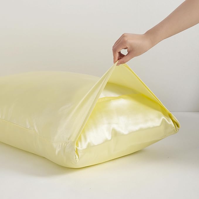 NTBAY 12 Pack Satin Queen Pillowcases for Hair and Skin, Luxurious and Silky Pillow Cases with Envelope Closure, 20 x 30 Inches, Light Yellow