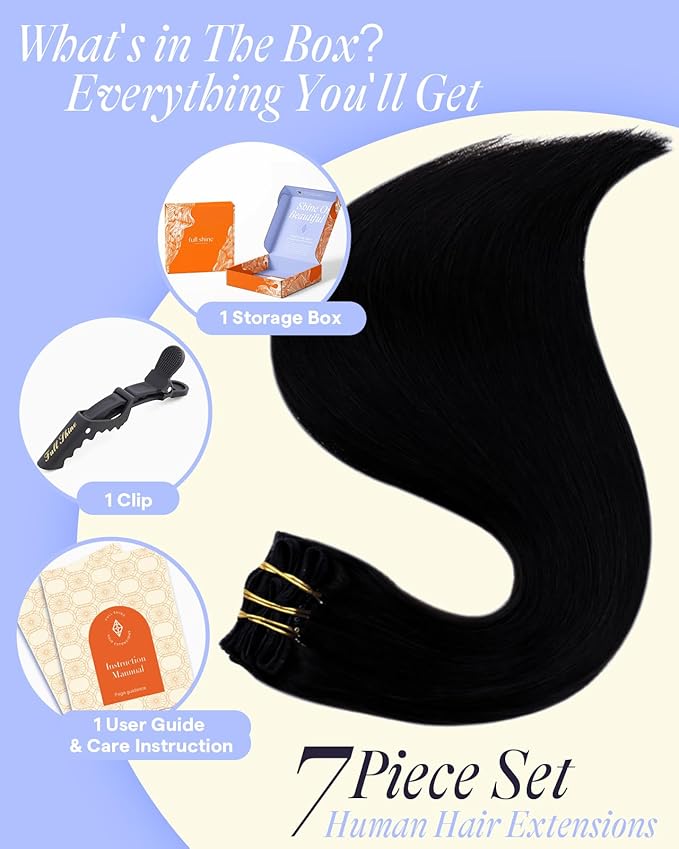 Full Shine Jet Black Clip in Hair Extensions Human Hair 180 G 20 Inch Clip in Black Hair Extensions for Professionals 7 Pcs