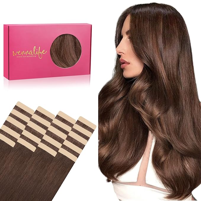 WENNALIFE Tape in Hair Extensions Human Hair, 20pcs 40g 12 inch Chocolate Brown Remy Hair Extensions Straight Human Hair Tape in Extensions Skin Weft Tape Extensions Human Hair