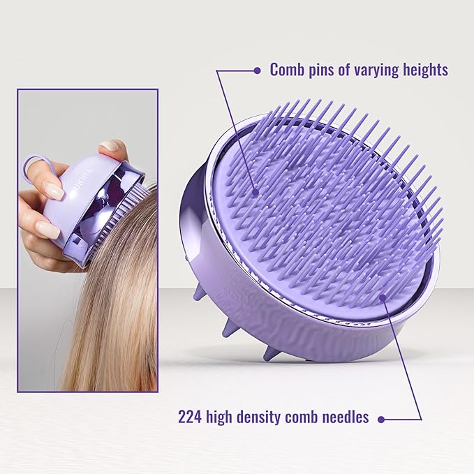 2 in 1 Scalp Massager Hair Growth,Scalp Scrubber with Soft Silicone Bristles for Dandruff Removal,Shampoo Brush for Exfoliation,Head Massager for Both Wet and Dry Use (Purple) ﻿