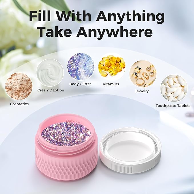 BPA Free Silicone Cream Jars - TSA Approved 3oz Travel Size Containers, Leak-proof with Lid for Cosmetic, Face, Hand, Body Glitters