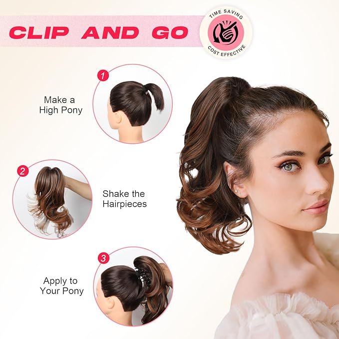 Ponytail Extension - 14" Claw Clip in Ponytail Hair Extensions Natural Soft Synthetic Layered Wavy Pony Tail Hair Pieces for Women - Ash Brown with Highlights