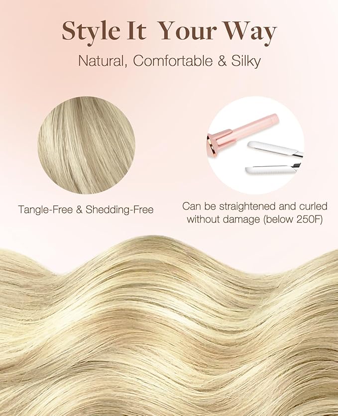 GOO GOO Invisi Edge Tape in Hair Extensions Human Hair, 17A/60A Ash Blonde Highlighted Platinum Blonde, 20pcs 14inch 50g, Virgin Remy Hair, Seamless Injected Tape, Natural Look