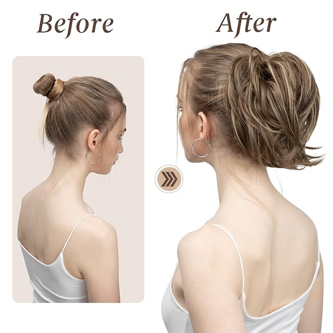 SARLA Messy Hair Bun Hair Pieces Curly Synthetic Updo Fake Scrunchies Ponytail Extension for Women Dark Brown 1PCS