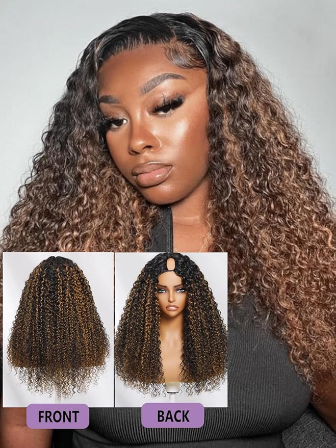 YIROO EasiContour V Part Wigs Ombre Brown Glueless Human Hair Upgrade U Part Wig with Dark Roots Highlight V Shape Clip Wigs Beginner Friendly with Drawstring Ready to Wear Chestnut Brown Color 18Inch