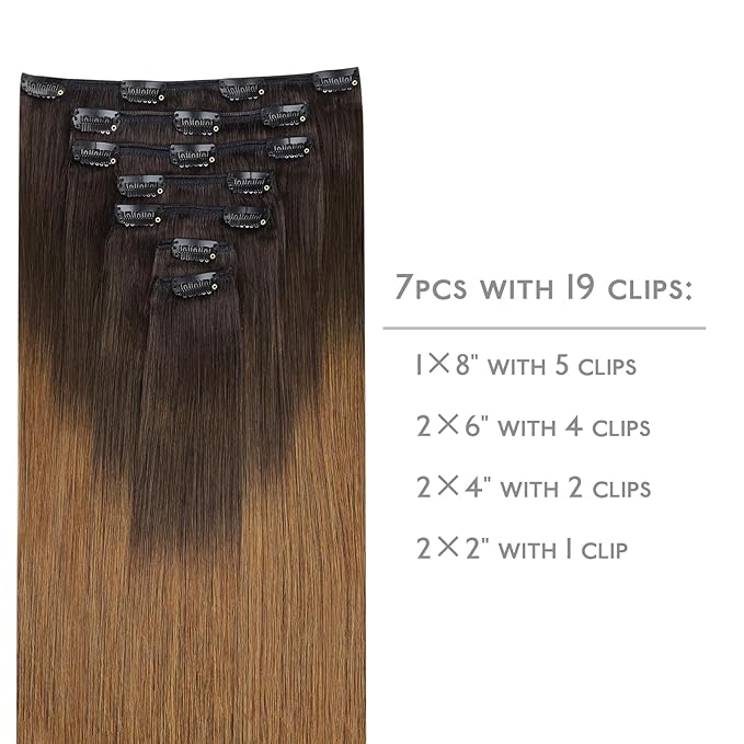 WENNALIFE Clip in Hair Extensions Real Human Hair, 20 Inch 120g 7pcs Human Hair Extensions Clip In Human Hair, Ombre Dark Brown to Light Chestnut Brown Clip In Real Hair Coloured Remy