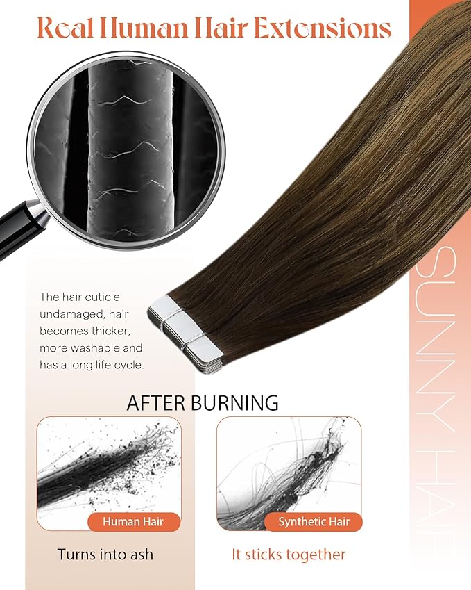 Sunny Hair Tape in Extensions for Women Real Hair 18 inch 100g Tape in Hair Extensions Human Hair Dark Brown Balayage Caramel Blonde Hair Extensions Tape in 40Pcs
