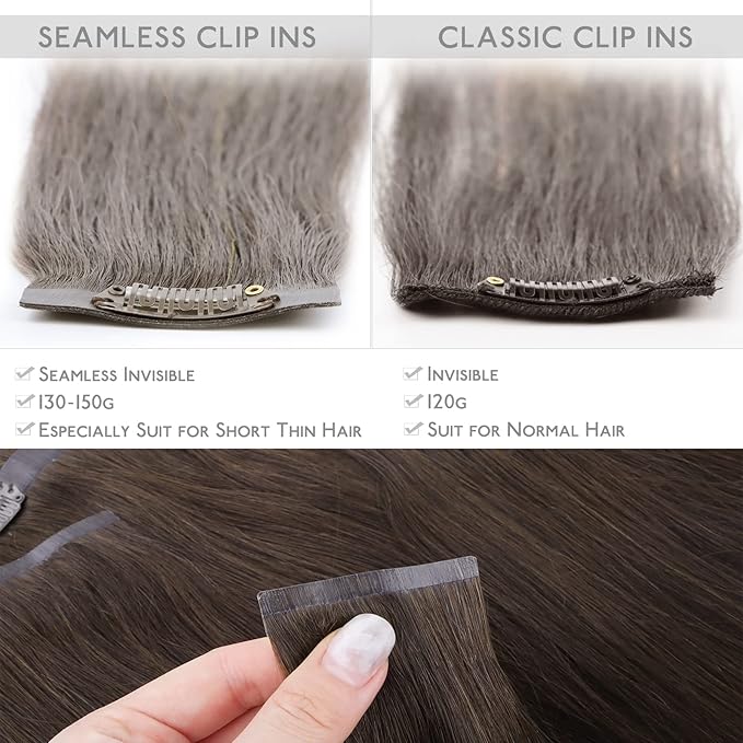 WENNALIFE Seamless Clip In Hair Extensions, 20 Inch 150g 7pcs Light Dark Brown Hair Extensions Clip in Human Hair Invisible PU Skin Weft Natural Remy Human Hair Extensions
