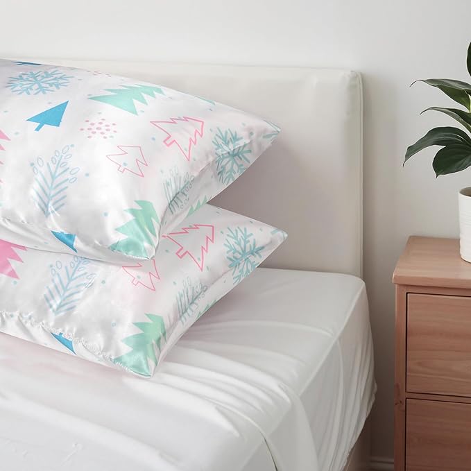 Christmas Tree Satin Pillowcase for Hair & Skin Care, Queen Size Set of 2 - Luxurious Satin Pillow Cover with Envelope Closure(20x30 Inches)
