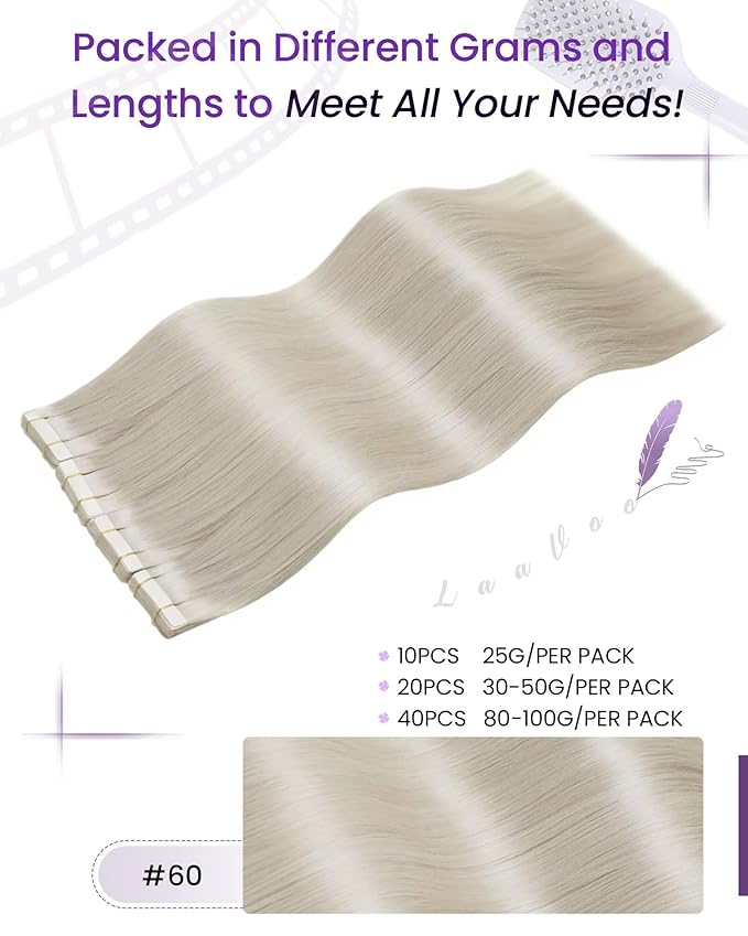 LaaVoo Tape in Hair Extensions Blonde Human Hair Tape in Extensions 14 Inch #60 Platinum Blonde 40pcs 100g