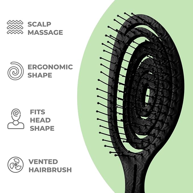Ninabella Detangle Hair Brush for Women & Men - Does not Pull - Straightening Brushes for Straight & Curly Hair - Unique Spiral Detangling Hairbrush - Black