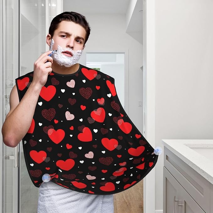 No-Slip Shaving Bib, Beard Grooming Apron with Strong Suction Cups, Valentine's Day Elegant Red Love Heart Black