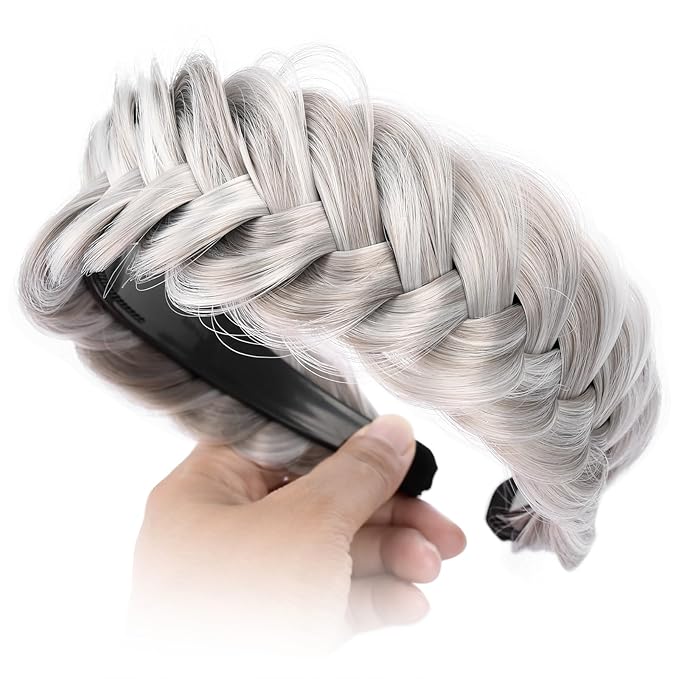 DIGUAN Wide Messy Braided Headband With Teeth Synthetic Hair Plaited Headband High Elasticity Braids Chunky Fishtail Braided Hair Band Hairpiece for Girls Women Beauty Accessory (Smoky Gray)