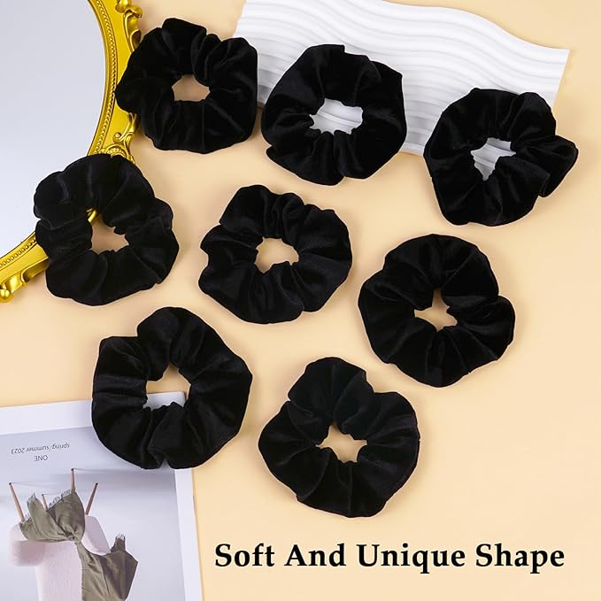 Velvet Scrunchies for Women – 8PCS Black Large Hair Ties – No Crease, Frizz-Free, Soft & Gentle Elastic Hair Bands for Fine, Short, or Everyday Hair, Stylish Hair Accessories Gifts