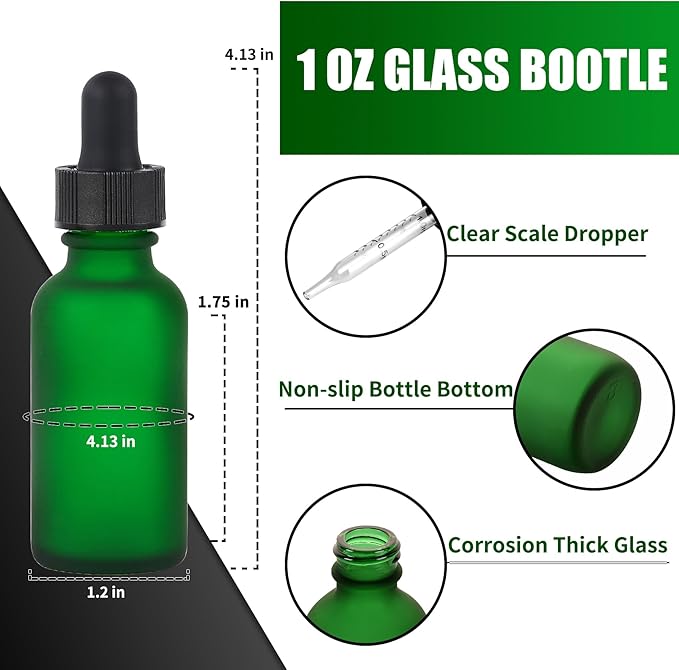 48 Pcs, 1oz Glass Dropper Bottle, Leakproof Tincture Bottles with Dropper, Green Reusable Eye Dropper Bottle, Preety Frosted Texture, for All Kinds of Liquids (Green-Frosted, 1oz-48pcs)