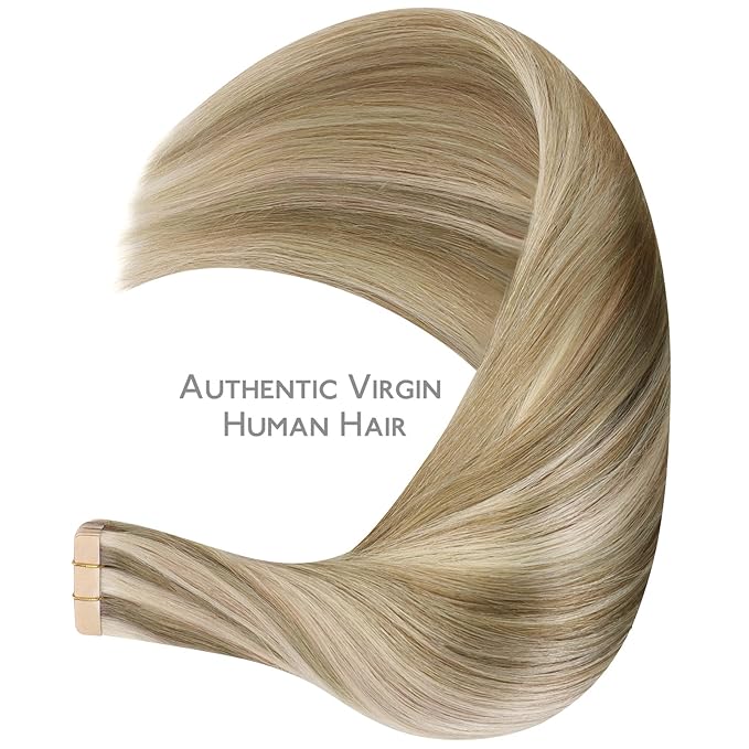 WENNALIFE Tape in Hair Extensions Human Hair Ash Brown with Platinum Blonde Highlights Tape in Extensions, 10pcs 25g 14 inch Remy Invisible Tape Ins Straight Colored Soft Refill Set