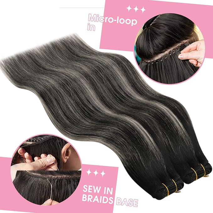 YoungSee Weft Hair Extensions Black Balayage Sew in Hair Extensions Real Human Hair Natural Black and Silver Balayage Human Hair Weft Extensions for Short Hair 70G 14Inch