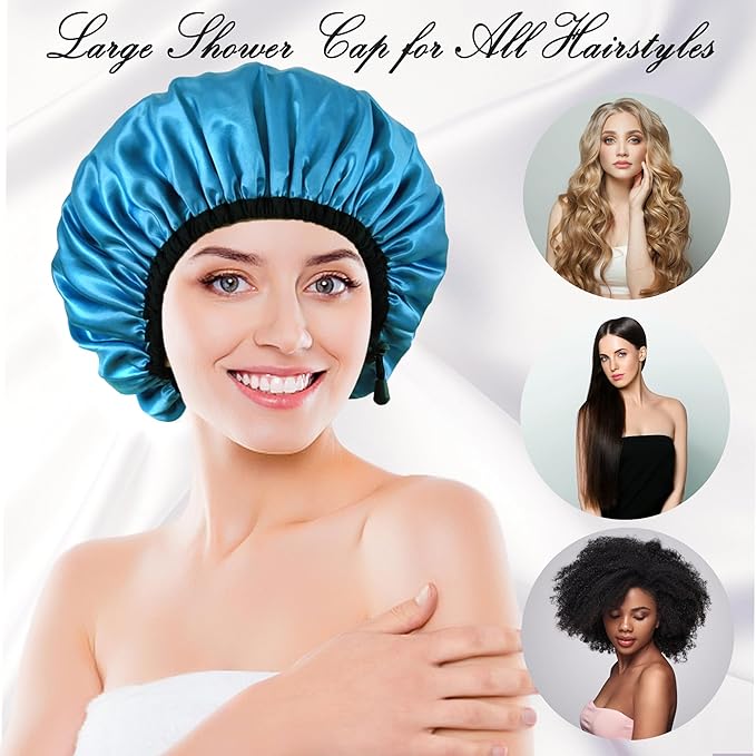 Shower Cap for Women, Large Shower Caps Reusable Waterproof with Elastic Band, Silky Satin Double-layer Bath Cap for Braids Long Hair