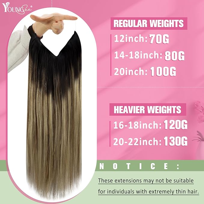 YoungSee Invisible Wire Hair Extensions Balayage Brown to Blonde Human Hair Extensions Wire Dark Roots to Medium Brown with Warm Blonde Highlights Fish Line Extension Hair for Women 20In 100G