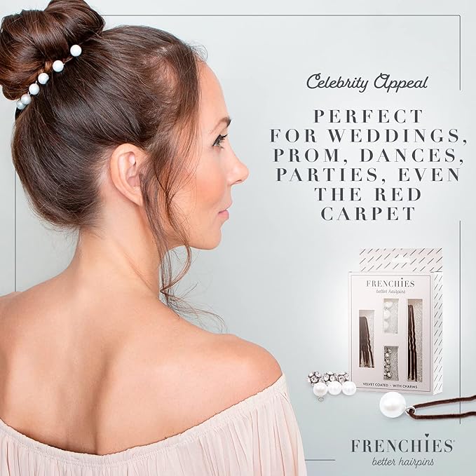 Frenchies French Twist Hair Pin, Velvet Coated Extra Soft French Hair Pins for Women, Wedding, Updo Extensions, or Wig, 6 Pearls + 6 Crystals, 20 Count (10 Lrg, 10 Sm), Brown