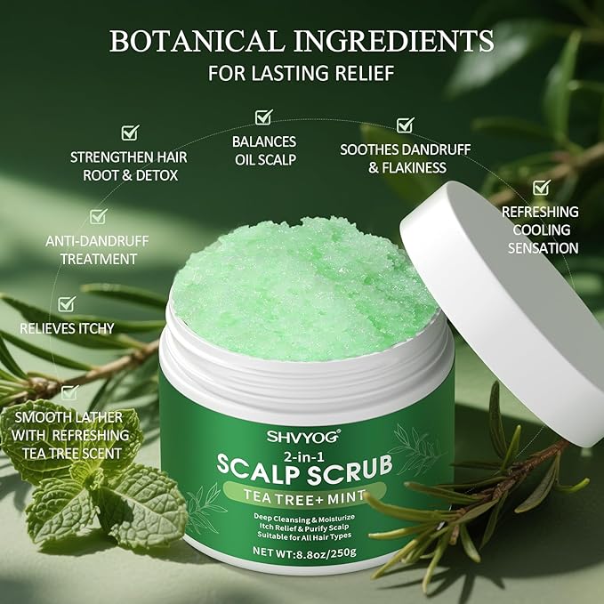 SHVYOG Scalp Scrub, Tea Tree & Coconut Oil Exfoliator Scrub for Itchy Scalp, Anti-Dandruff Detox Clarifying Exfoliator Shampoo with Sea Salt, Scalp Treatment with Scalp Scrubber