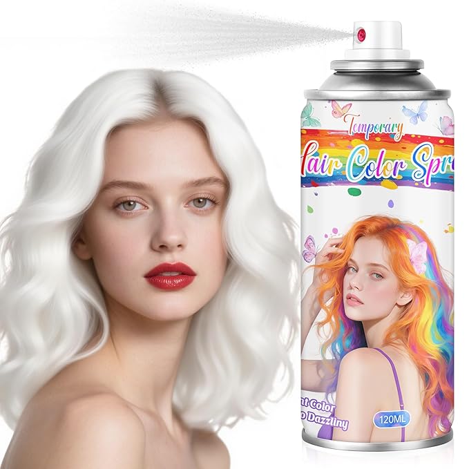 White Temporary Hair Color Spray for Kids & Women- Washable Root Touch Up Hair Dye, Non-Sticky Hair Wax for Christmas,Cosplay,Parties (120ML, White)