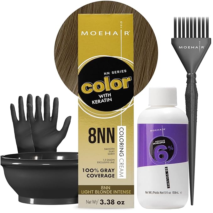 MOEHAIR Hair Coloring Kit | 8NN Permanent Hair Color (Light Blonde Intense), 20 Volume Developer 6%, Coloring Brush, Gloves & Mixing Bowl | Keratin Infused Color | Gray Coverage | Adds Shines
